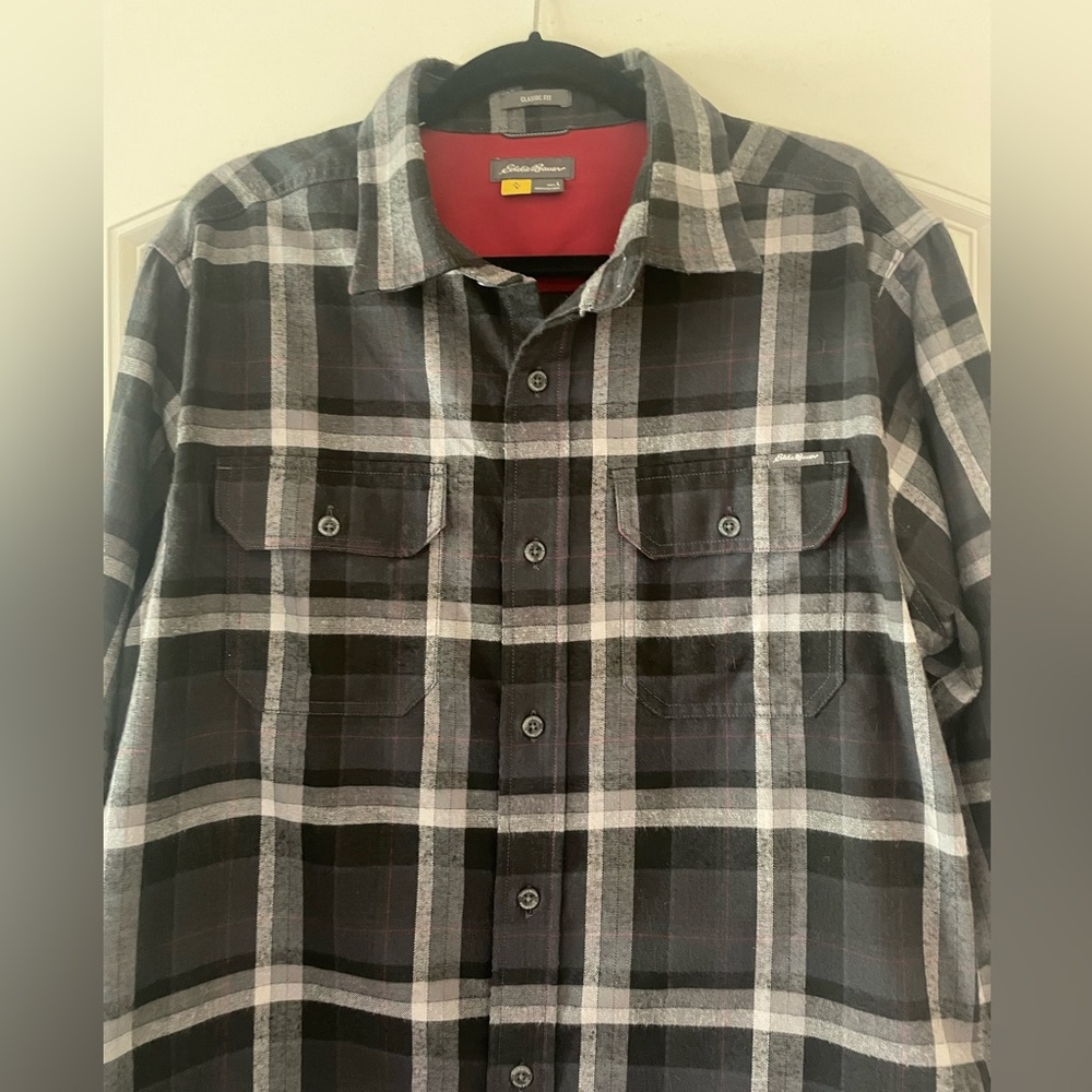 Eddie Bauer Black and Gray Plaid Button-Up Shirt - Picture 2 of 10